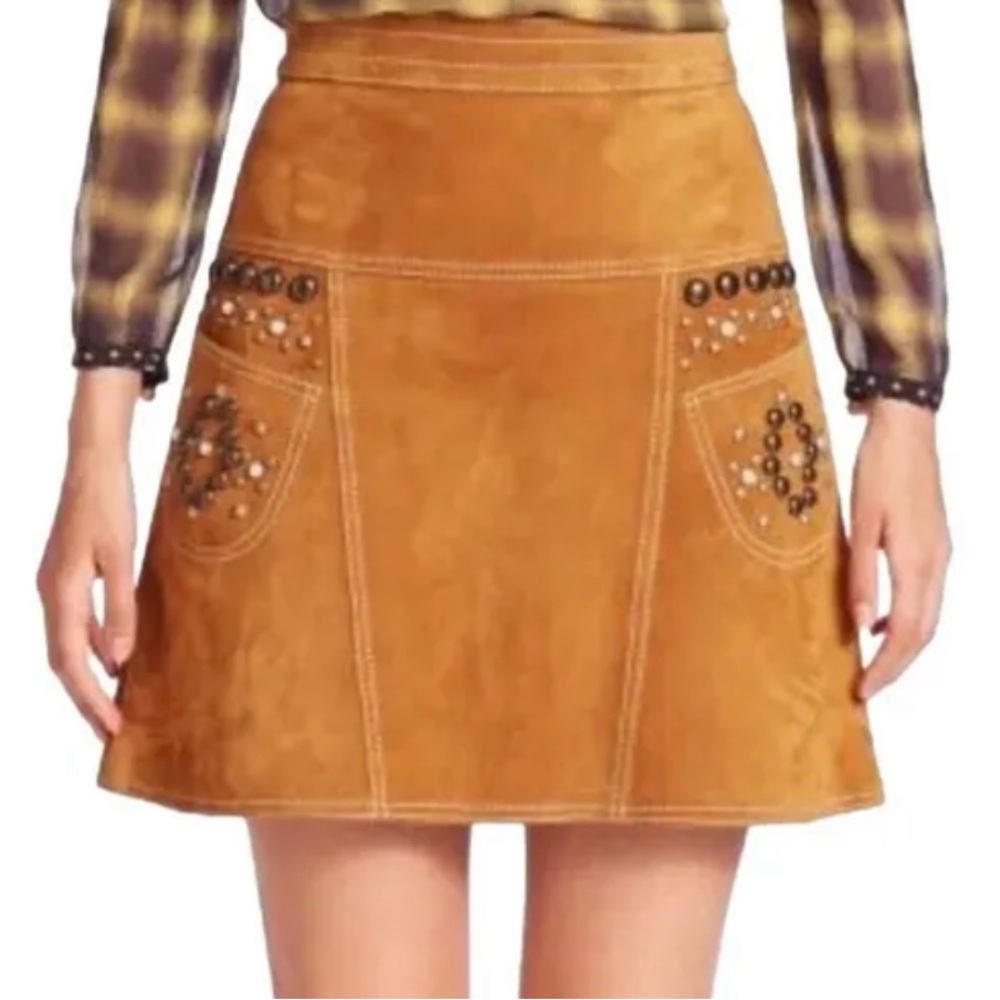 NWOT COACH 1941 Womens A-line Lamb Suede Leather Western Skirt with Studs Size 4